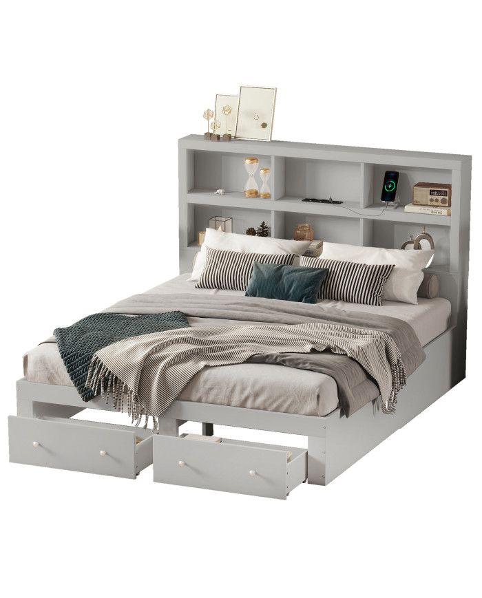 160200cm Doppelbett Spanplatte KingsizePlattformbett mit zwei Schubladen am Fuende des Bettes Kopfteil mit Stauraum Grau 160200cm Doppelbett Spanplatte KingsizePlattformbett mit zwei Schubladen am Fuende des Bettes Kopfteil mit Stauraum Grau