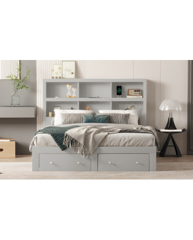 160200cm Doppelbett Spanplatte KingsizePlattformbett mit zwei Schubladen am Fuende des Bettes Kopfteil mit Stauraum Grau 160200cm Doppelbett Spanplatte KingsizePlattformbett mit zwei Schubladen am Fuende des Bettes Kopfteil mit Stauraum Grau