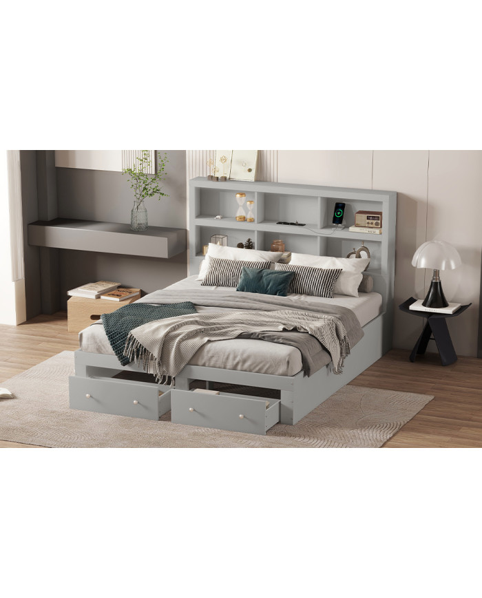 160200cm Doppelbett Spanplatte KingsizePlattformbett mit zwei Schubladen am Fuende des Bettes Kopfteil mit Stauraum Grau 160200cm Doppelbett Spanplatte KingsizePlattformbett mit zwei Schubladen am Fuende des Bettes Kopfteil mit Stauraum Grau