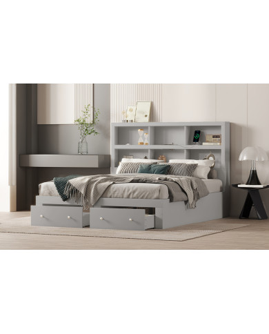 160200cm Doppelbett Spanplatte KingsizePlattformbett mit zwei Schubladen am Fuende des Bettes Kopfteil mit Stauraum Grau 160200cm Doppelbett Spanplatte KingsizePlattformbett mit zwei Schubladen am Fuende des Bettes Kopfteil mit Stauraum Grau