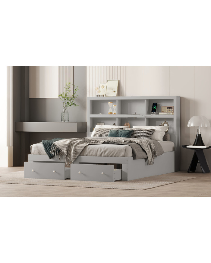 160200cm Doppelbett Spanplatte KingsizePlattformbett mit zwei Schubladen am Fuende des Bettes Kopfteil mit Stauraum Grau 160200cm Doppelbett Spanplatte KingsizePlattformbett mit zwei Schubladen am Fuende des Bettes Kopfteil mit Stauraum Grau