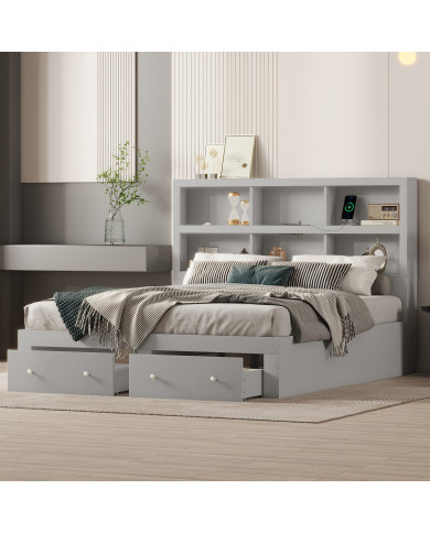 160200cm Doppelbett Spanplatte KingsizePlattformbett mit zwei Schubladen am Fuende des Bettes Kopfteil mit Stauraum Grau 160200cm Doppelbett Spanplatte KingsizePlattformbett mit zwei Schubladen am Fuende des Bettes Kopfteil mit Stauraum Grau