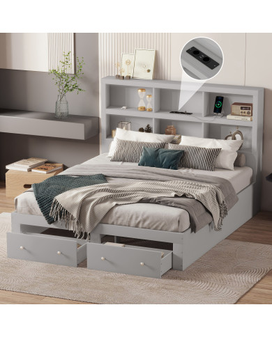 160200cm Doppelbett Spanplatte KingsizePlattformbett mit zwei Schubladen am Fuende des Bettes Kopfteil mit Stauraum Grau 160200cm Doppelbett Spanplatte KingsizePlattformbett mit zwei Schubladen am Fuende des Bettes Kopfteil mit Stauraum Grau