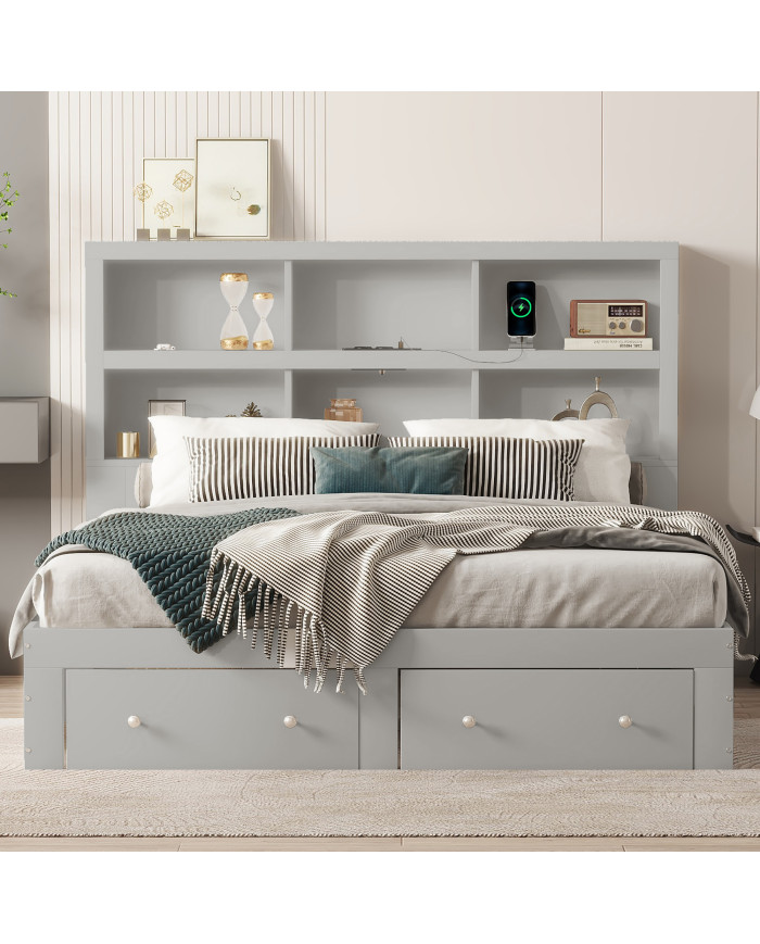 160200cm Doppelbett Spanplatte KingsizePlattformbett mit zwei Schubladen am Fuende des Bettes Kopfteil mit Stauraum Grau 160200cm Doppelbett Spanplatte KingsizePlattformbett mit zwei Schubladen am Fuende des Bettes Kopfteil mit Stauraum Grau