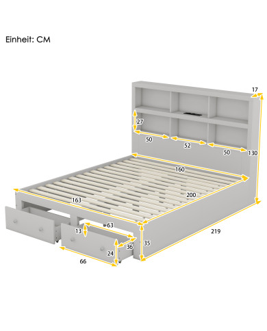 160200cm Doppelbett Spanplatte KingsizePlattformbett mit zwei Schubladen am Fuende des Bettes Kopfteil mit Stauraum Grau 160200cm Doppelbett Spanplatte KingsizePlattformbett mit zwei Schubladen am Fuende des Bettes Kopfteil mit Stauraum Grau