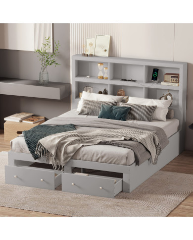 160200cm Doppelbett Spanplatte KingsizePlattformbett mit zwei Schubladen am Fuende des Bettes Kopfteil mit Stauraum Grau 160200cm Doppelbett Spanplatte KingsizePlattformbett mit zwei Schubladen am Fuende des Bettes Kopfteil mit Stauraum Grau